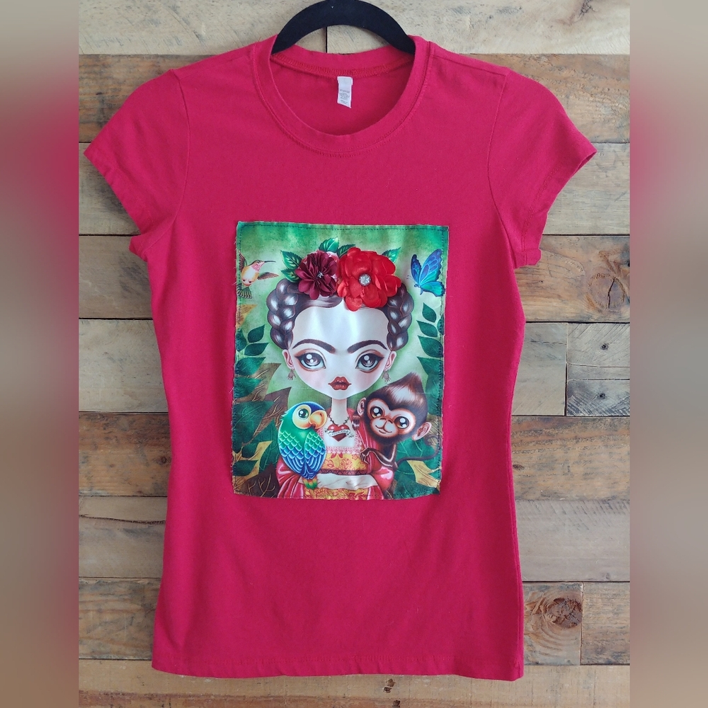 Frida Kahlo Red T-shirt Colorful Flowers Satin Parrot Monkey Butterfly